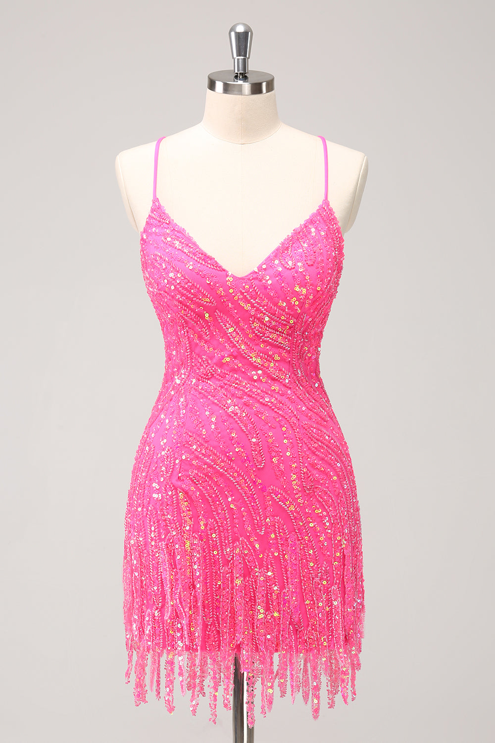 Sparkly Gold Tight Sequins V Neck Homecoming Dress with Fringes