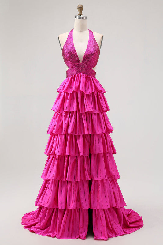 Fuchsia A Line Halter Open Back Tiered Cut Out Beaded Long Prom Dress