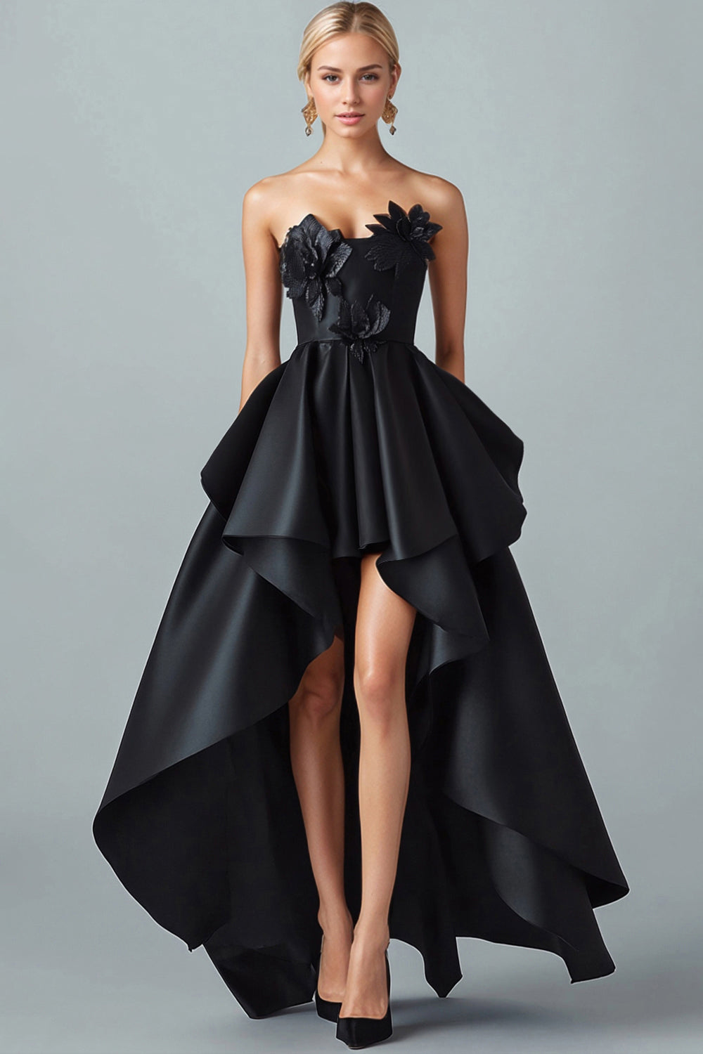 Sparkly Black Strapless A-Line High-Low Ruffle Formal Dress With 3D Flowers