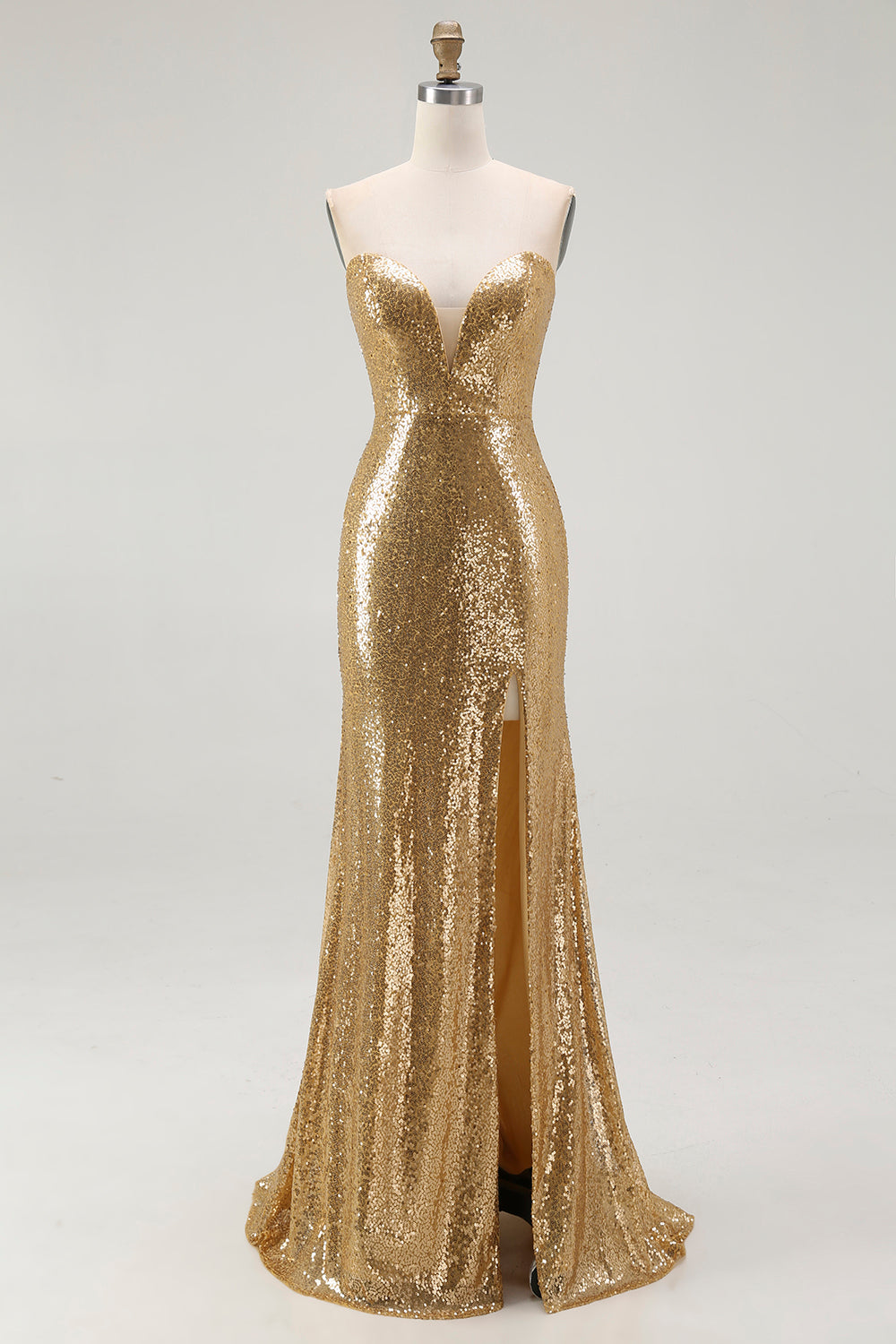 Sparkly Strapless Mermaid Gold Formal Dress With Slit