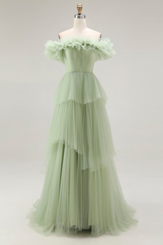 Dusty Sage Off The Shoulder A Line Ruffle Long Prom Dress