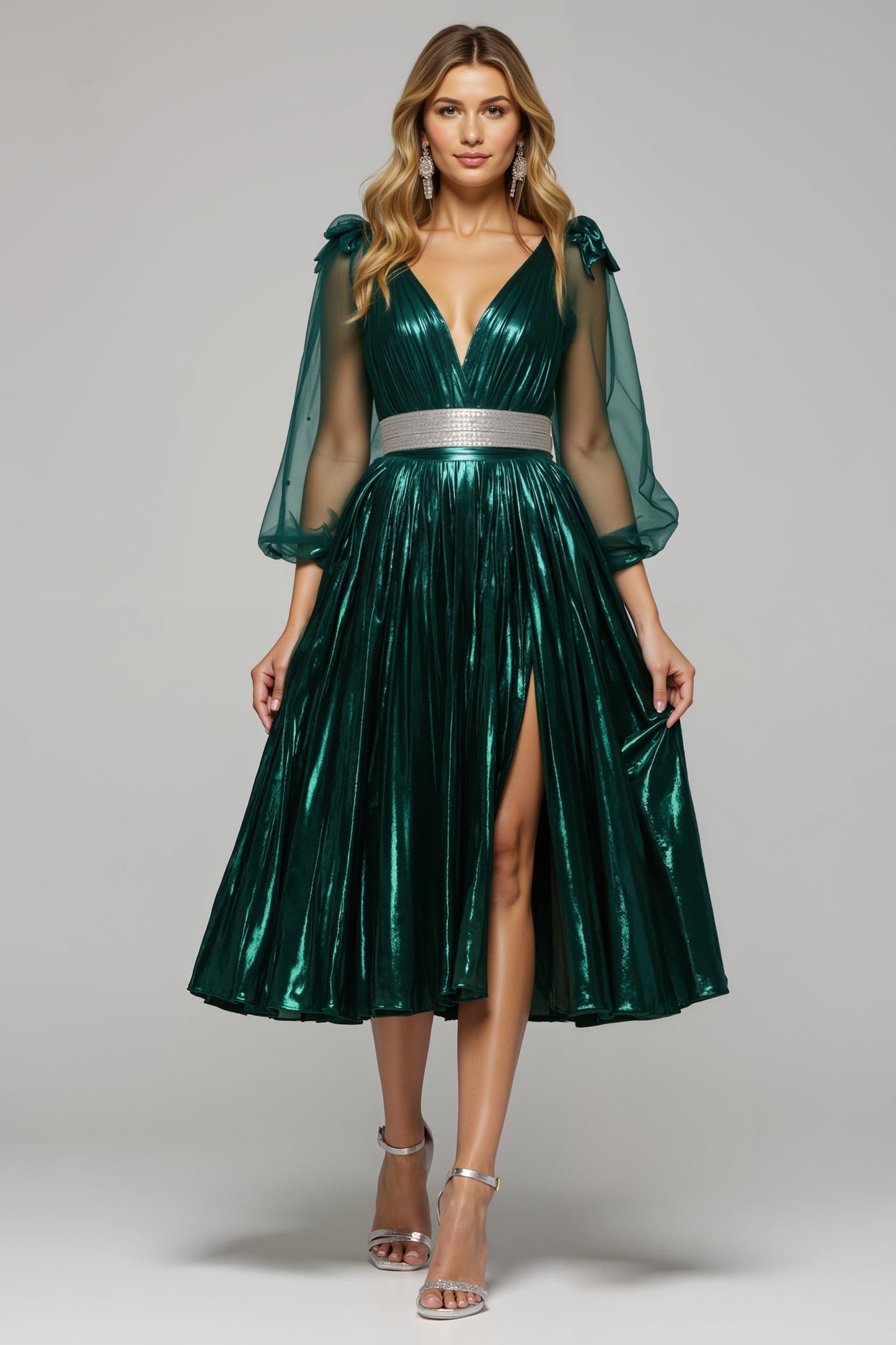 Sparkly Dark Green A Line Metallic V-Neck Holiday Party Dress With Slit