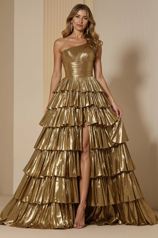 Sparkly Golden Metallic Tiered Long Holiday Party Dress With Ruffles