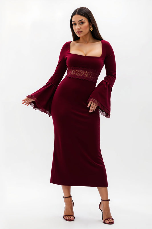 Burgundy Sheath Velvet Square Neck Long Holiday Party Dress With Appliques