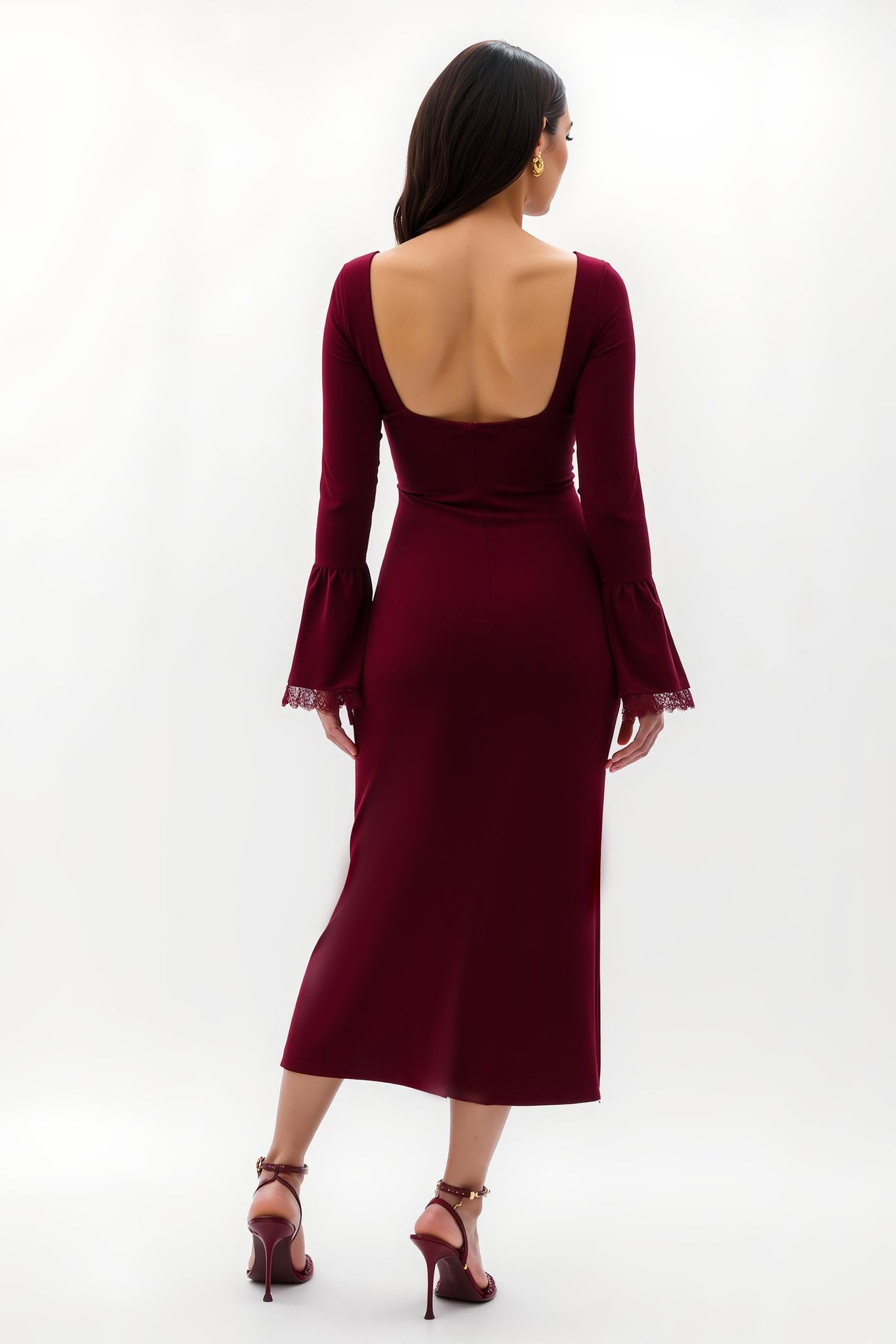 Burgundy Sheath Velvet Square Neck Long Holiday Party Dress With Appliques