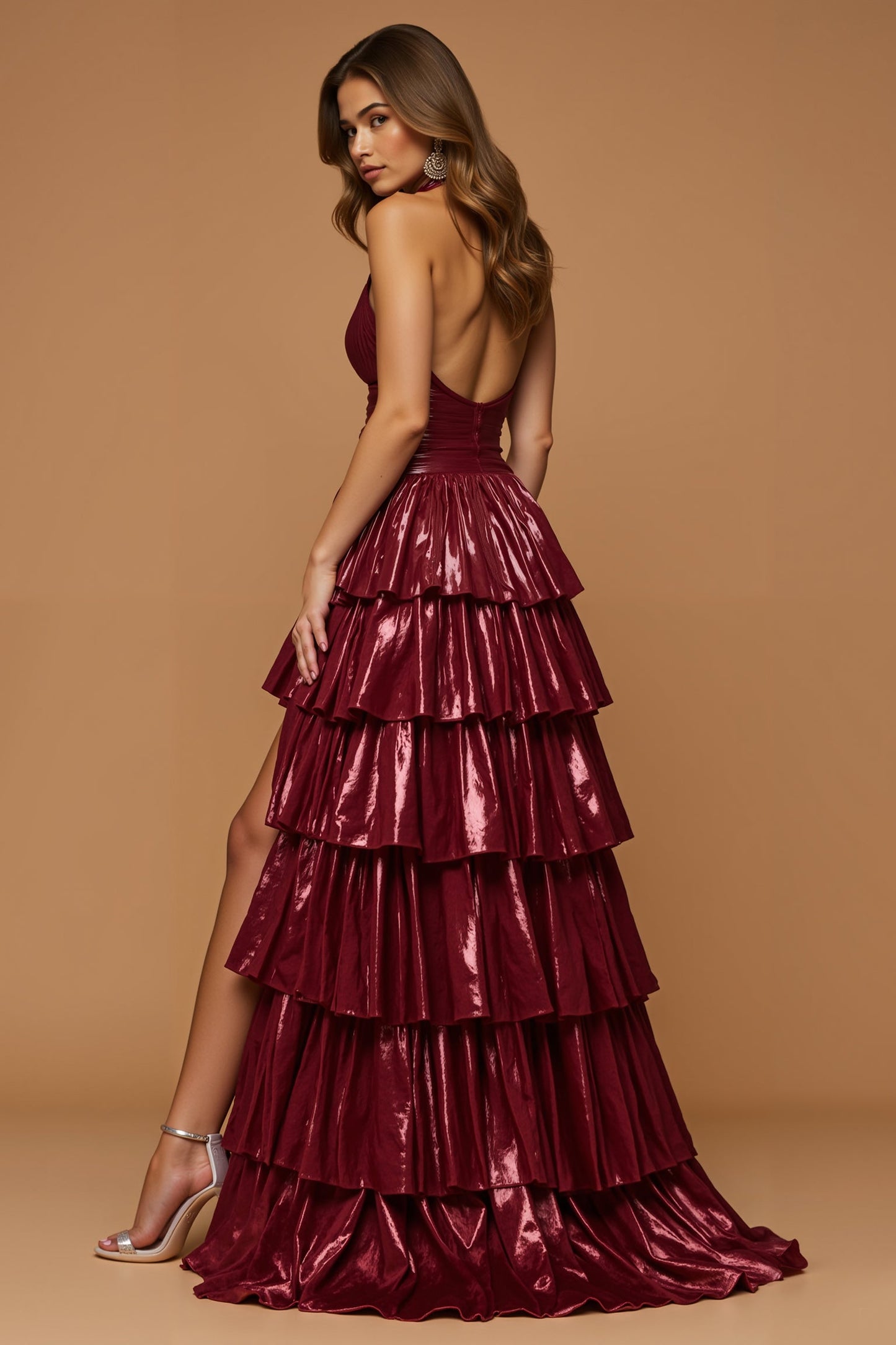 Sparkly Burgundy Metallic Halter Tiered Ruffled Long Holiday Party Dress With Slit