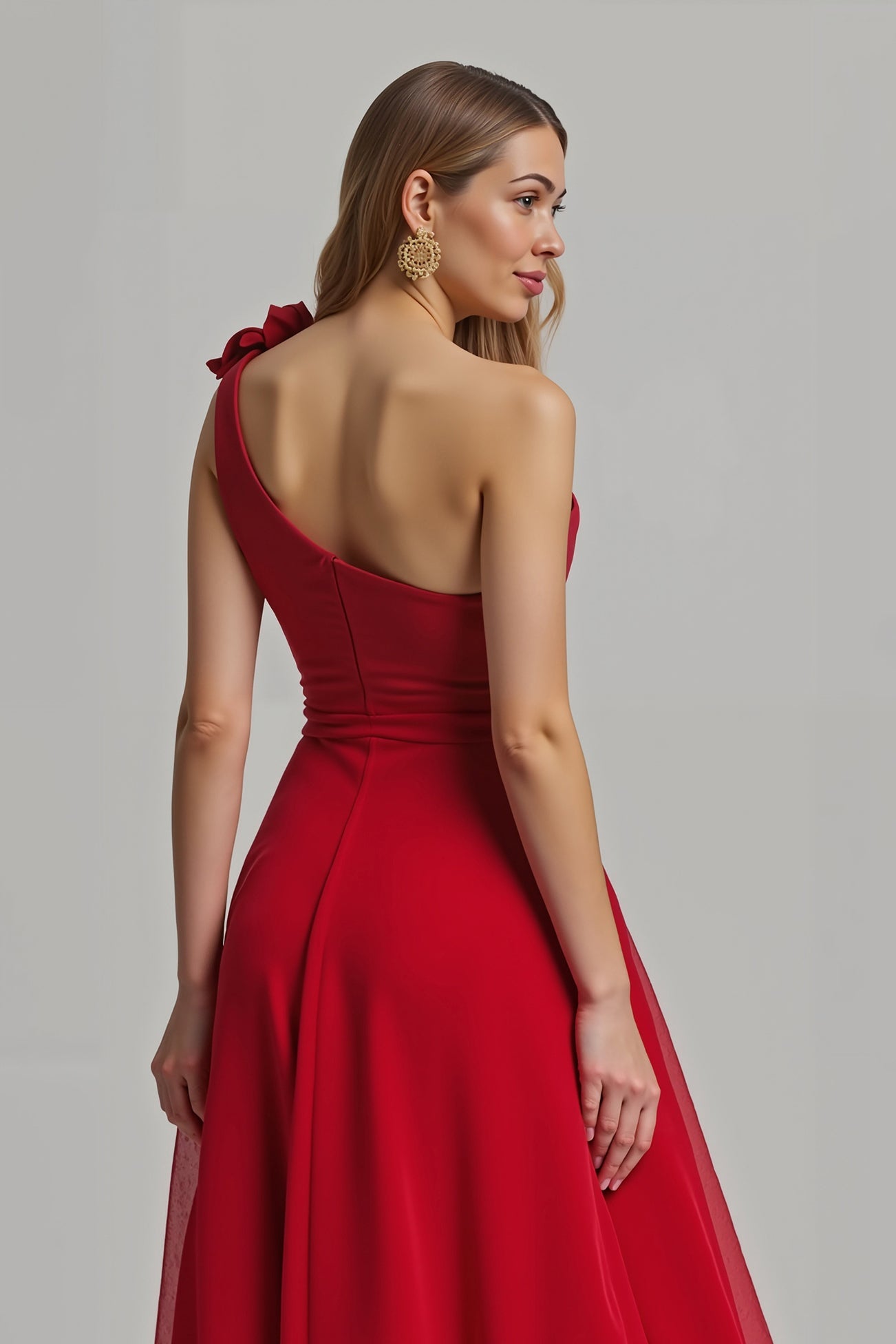 Red Floral A Line One Shoulder Long Holiday Party Dress