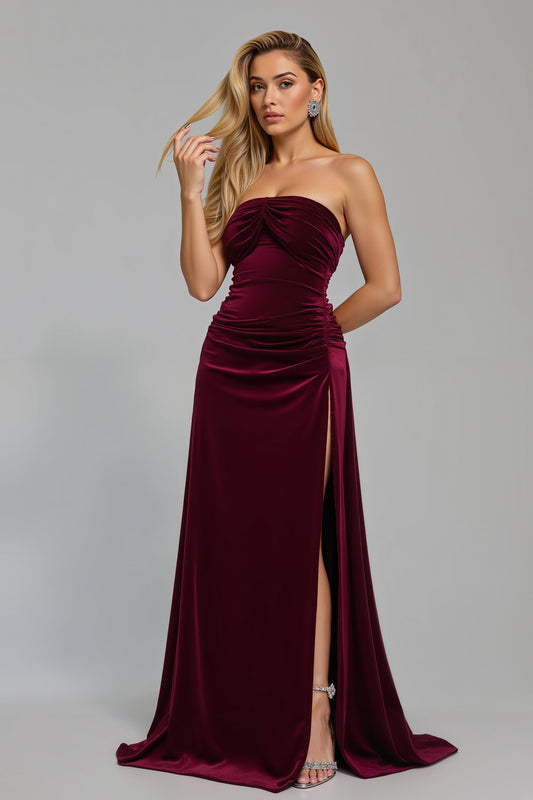 Burgundy Strapless Sheath Ruched Holiday Dress