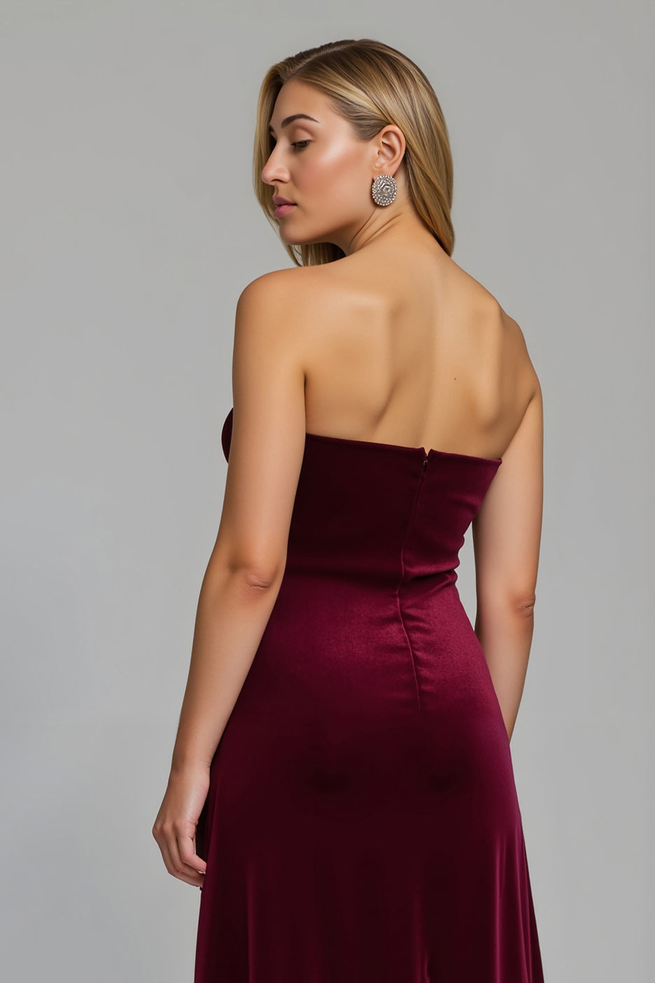 Burgundy Strapless Sheath Ruched Holiday Dress