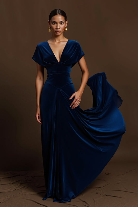 Royal Blue A Line Pleated V Neck Long Holiday Dress