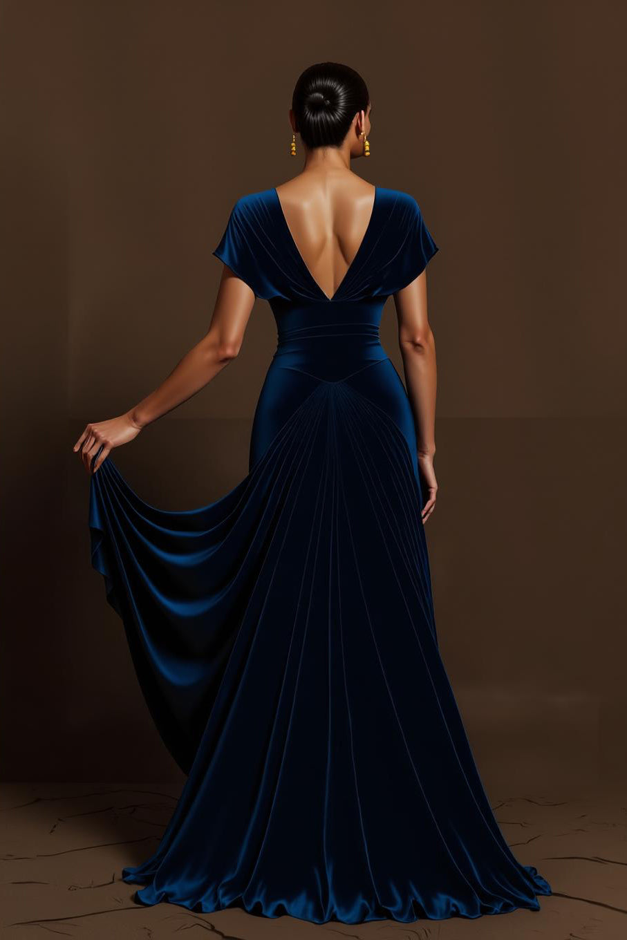 Royal Blue A Line Pleated V Neck Long Holiday Dress