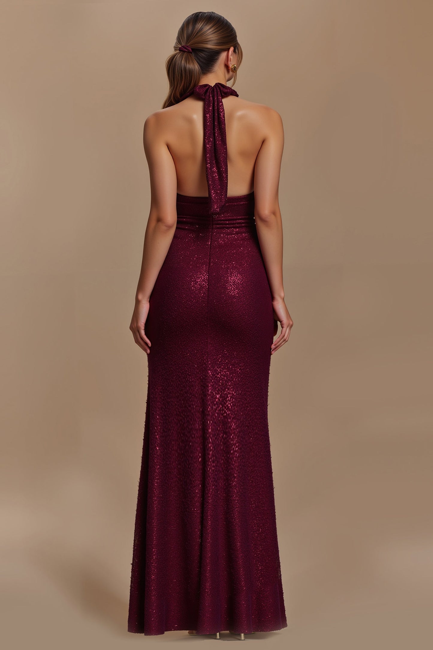 Sheath Burgundy Sequin Halter Long Holiday Dress