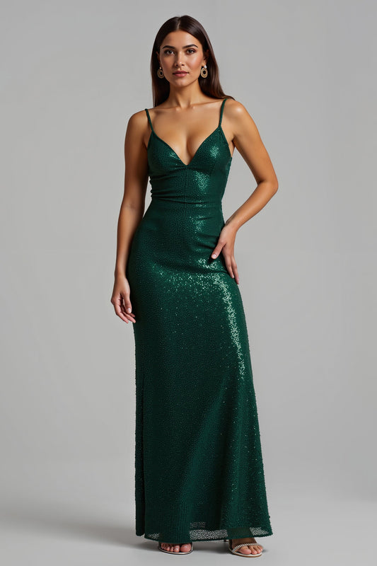 Sparkly Dark Green Sheath Long Holiday Dress With Slit