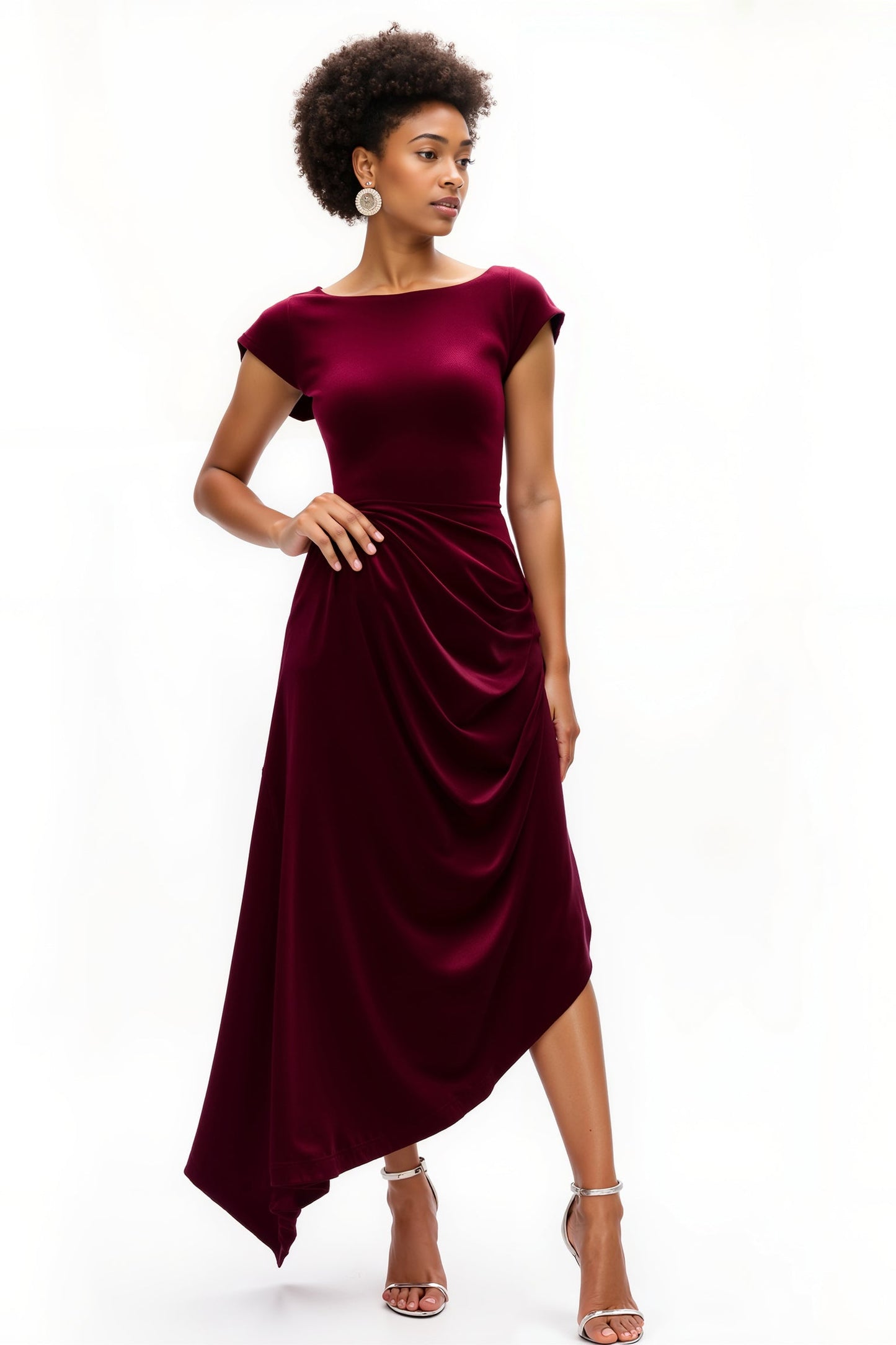 Burgundy A Line Boat Neck Ruched Holiday Dress