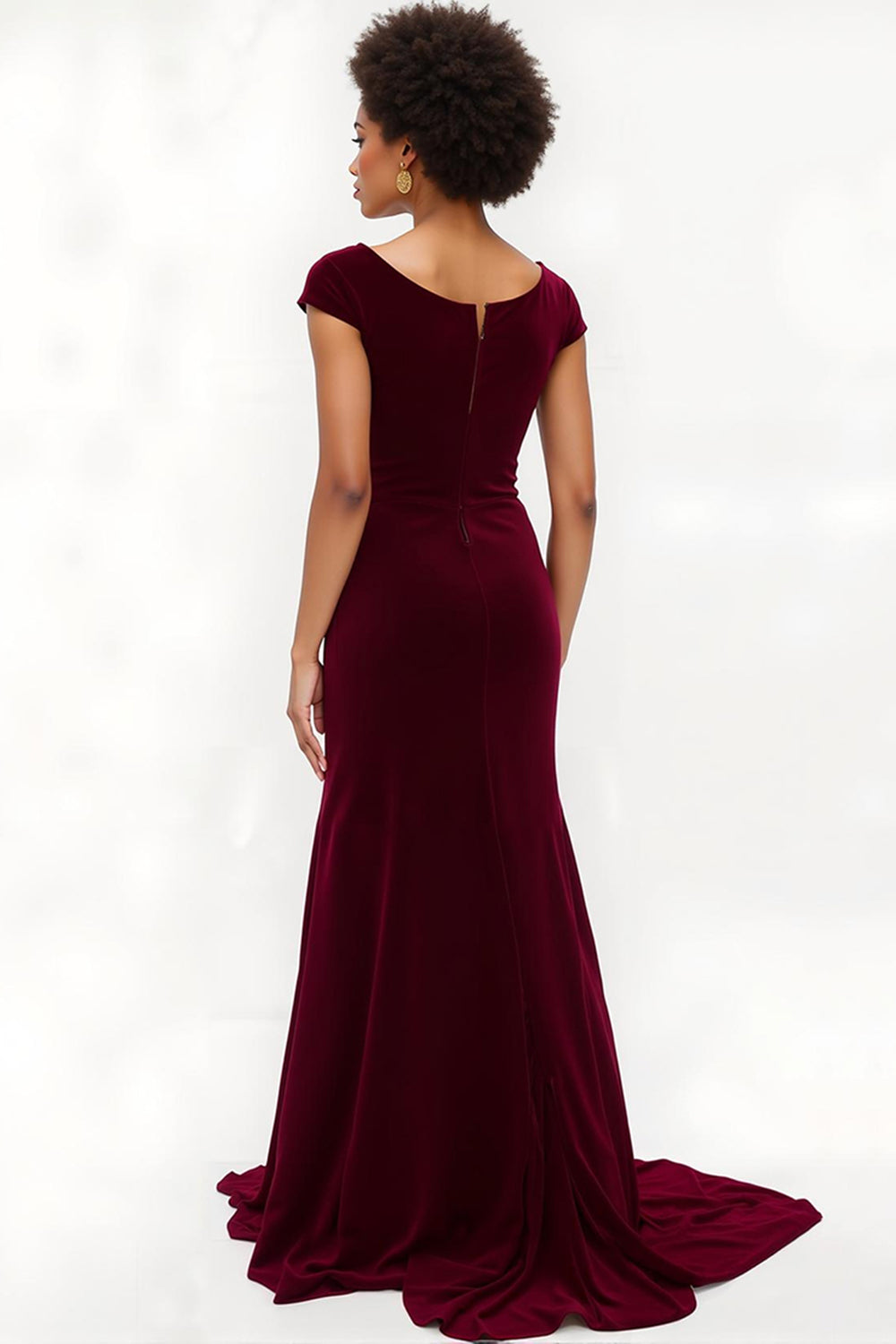 Burgundy Mermaid Bateau Neck Velvet Holiday Dress