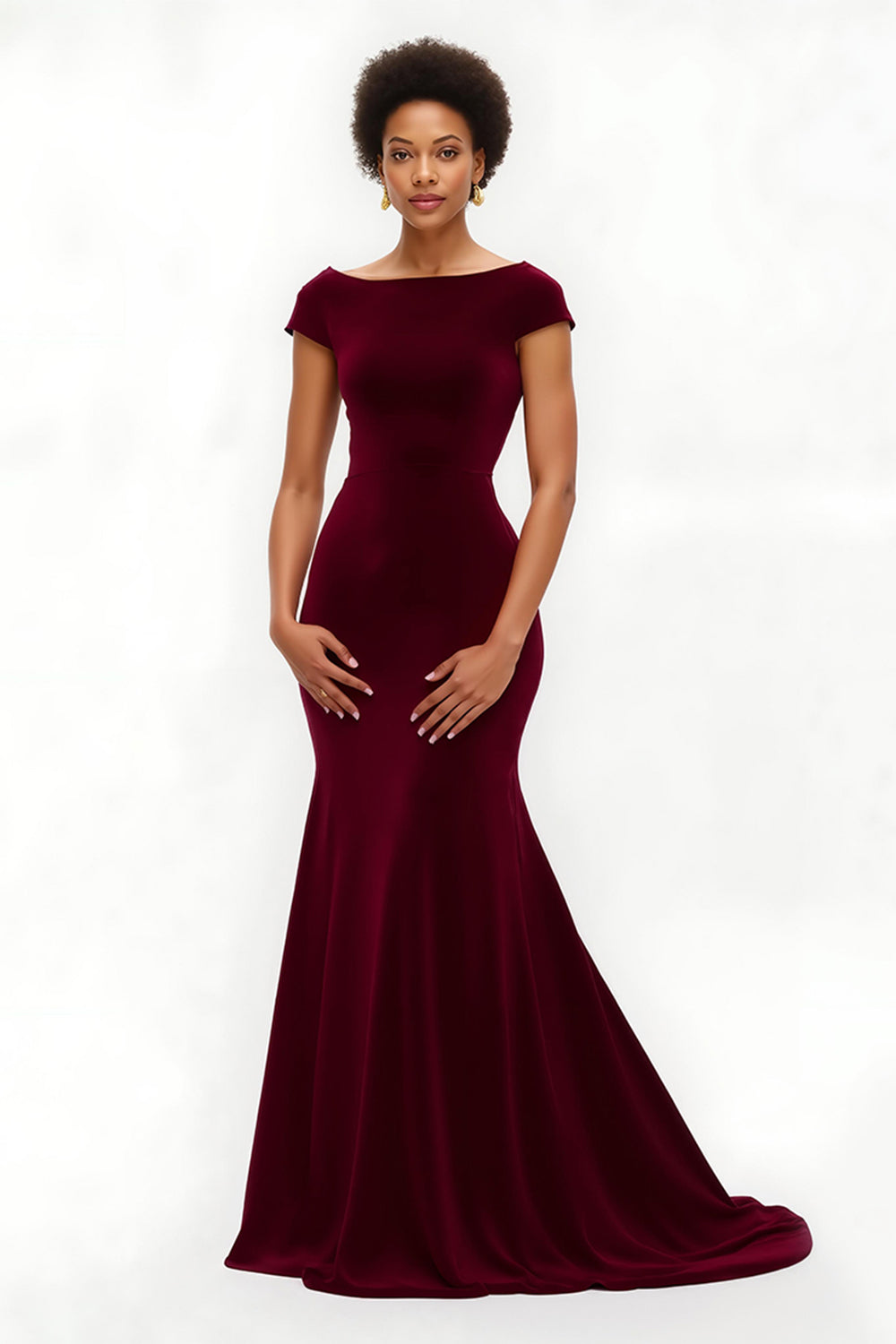 Burgundy Mermaid Bateau Neck Velvet Holiday Dress