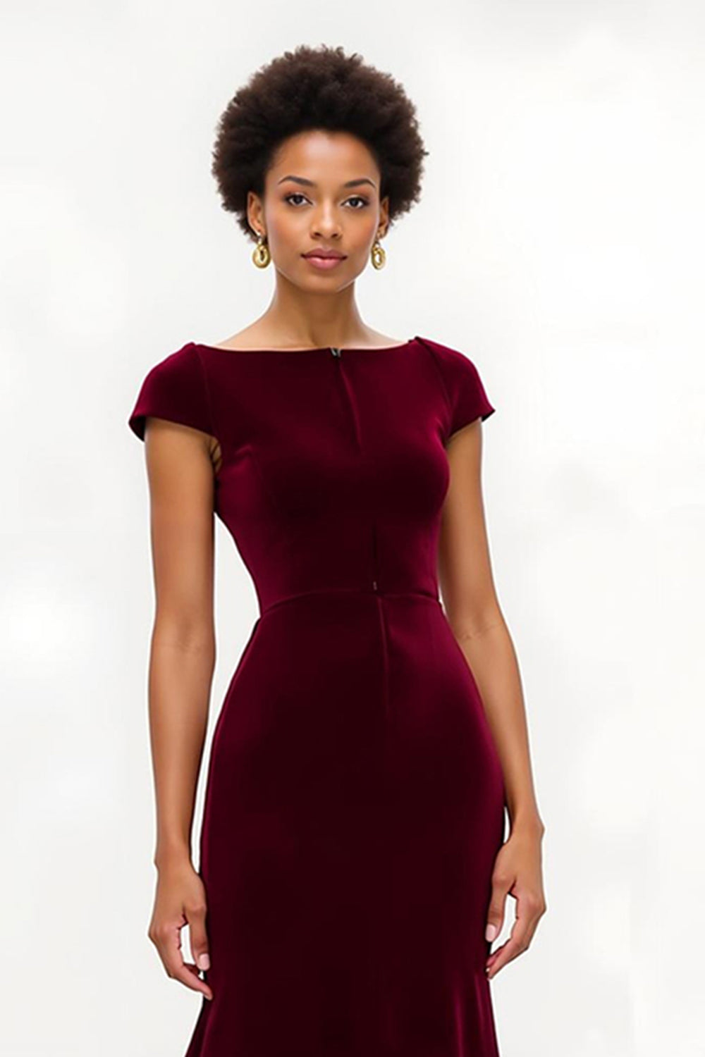 Burgundy Mermaid Bateau Neck Velvet Holiday Dress