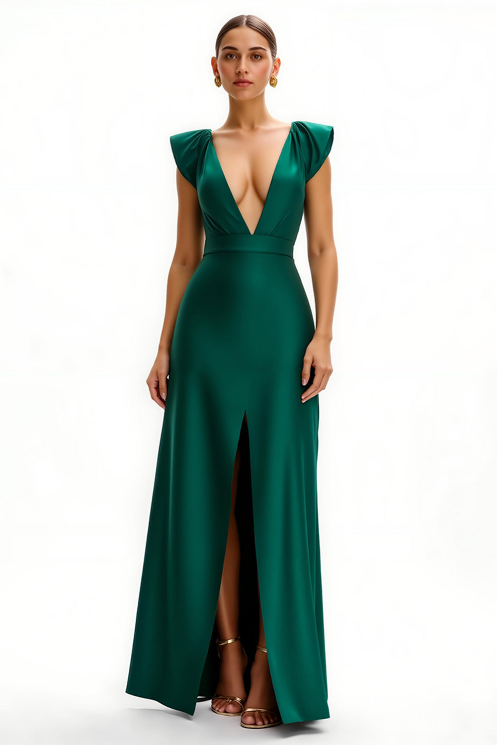 Dark Green Satin Deep V Neck Sheath Holiday Dress