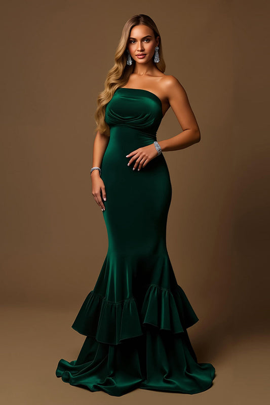 Dark Green Mermaid Tiered Strapless Long Holiday Party Dress