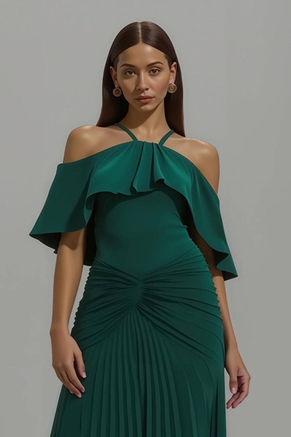 Dark Green Pleated Halter Long Holiday Party Dress With Ruffles