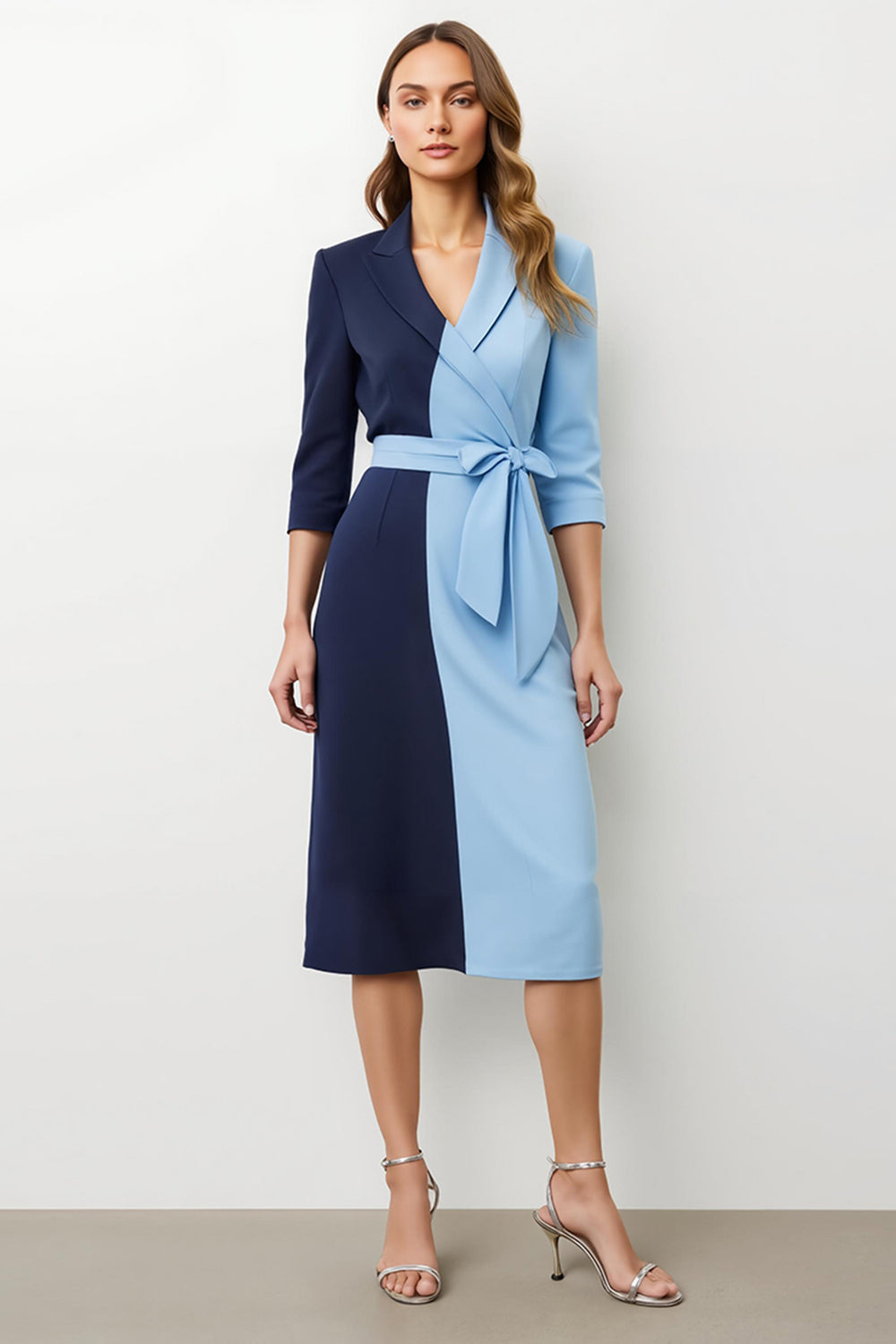 Navy Blue Patchwork Peak Lapel Midi Blazer Dress with Bow