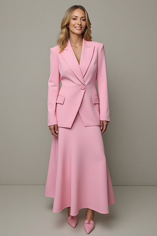Pink 2 Piece A Line Satin Peak Lapel One Button Business Suits