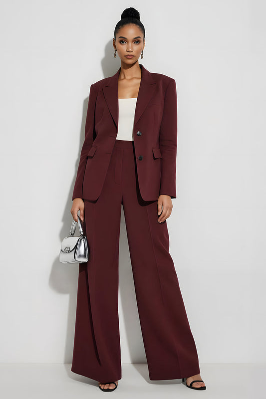 Burgundy 2 Piece Peak Lapel Single Breasted Business Suits