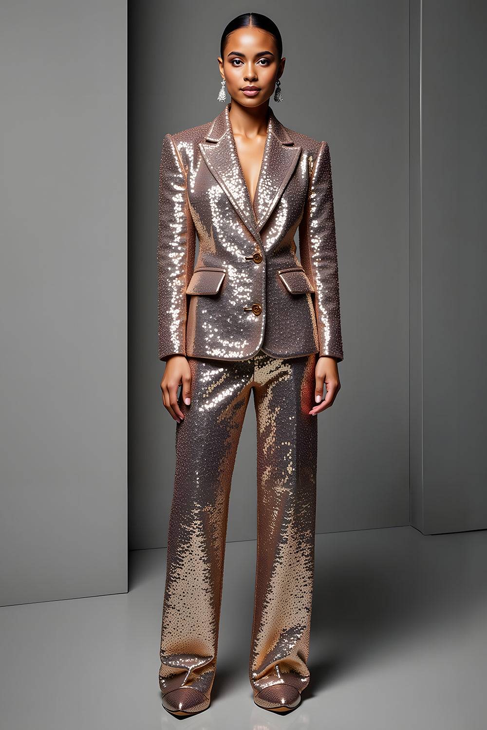 Rose Golden Peak Lapel 2 Piece Women Suits with Sleeve