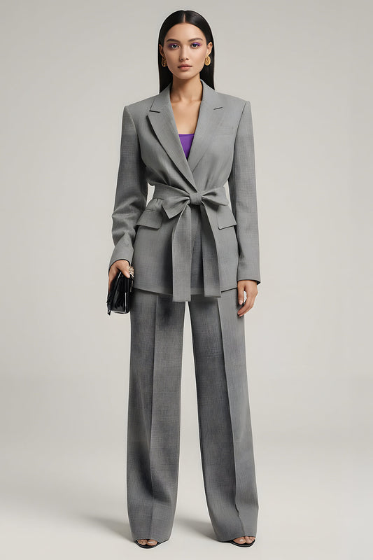 Grey Peak Lapel 2 Piece Women Suits with Bowknot