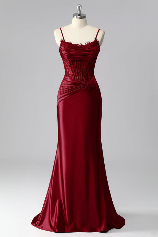 Burgundy Mermaid Corset Satin Ruched Prom Dress