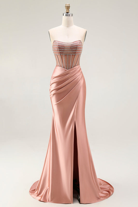 Mermaid Corset Beaded Strapless Blush Long Prom Dress With Slit