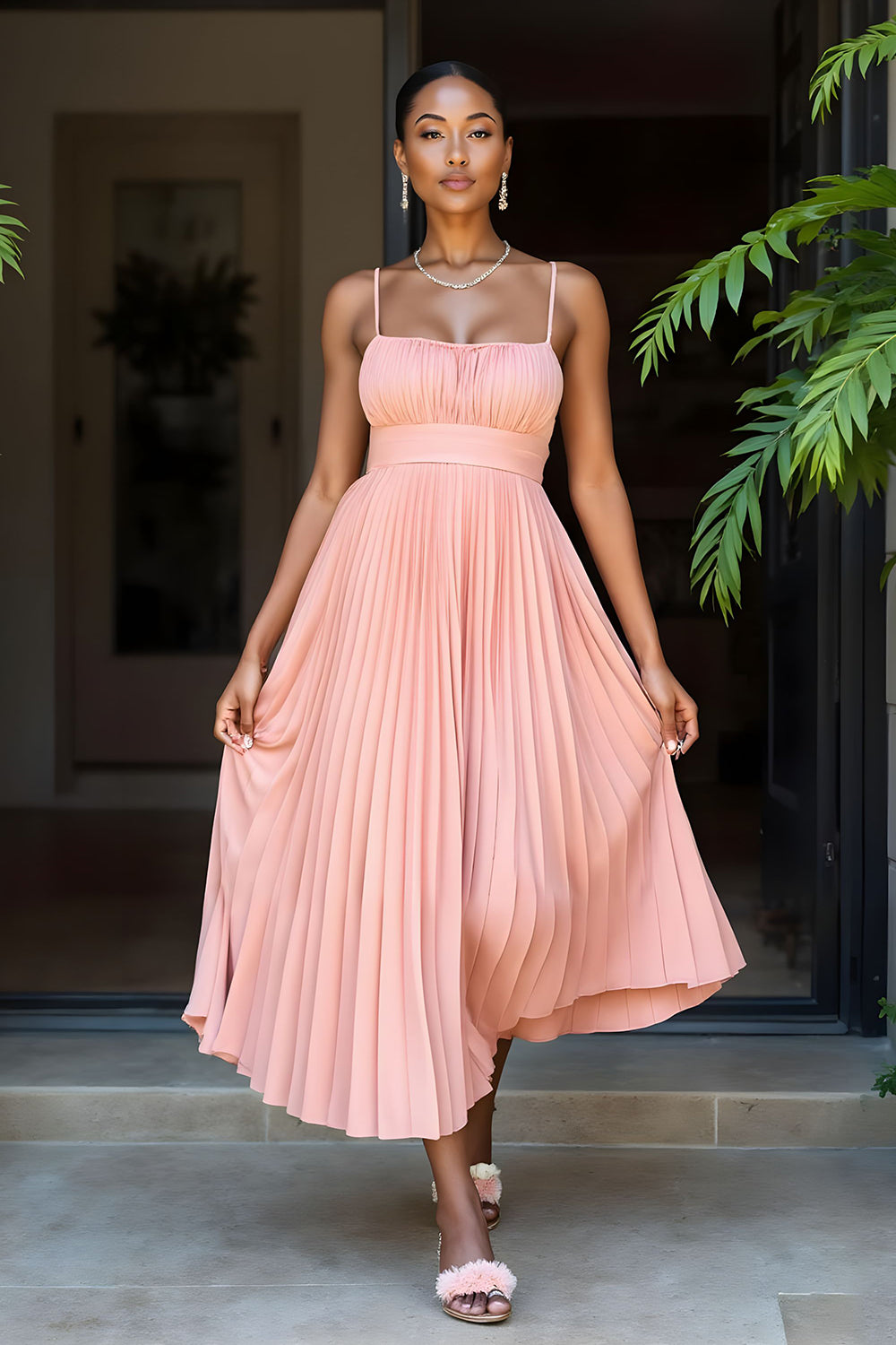 Sunset Pleated A Line Spaghetti Straps Bridesmaid Dress