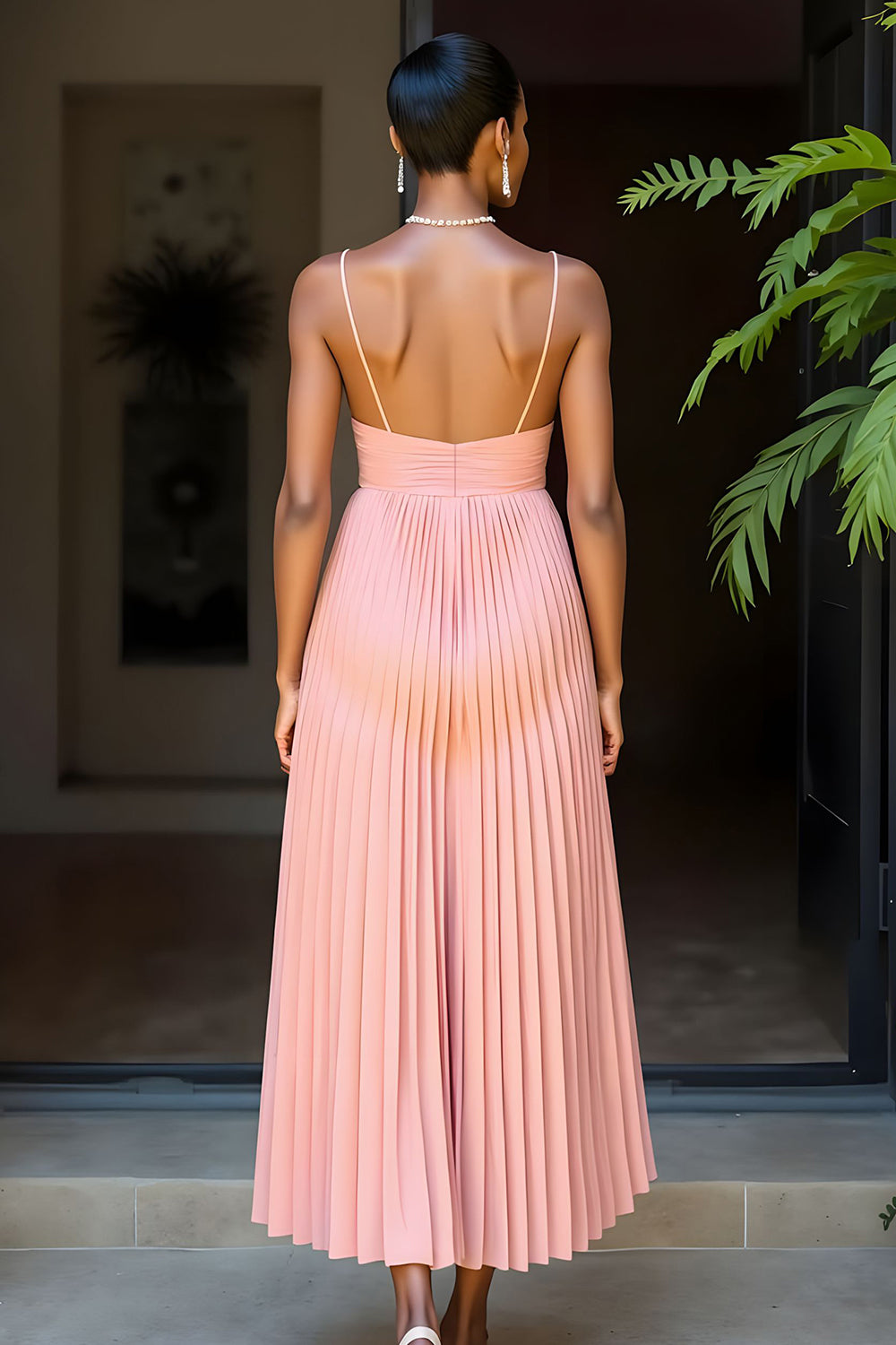 Sunset Pleated A Line Spaghetti Straps Bridesmaid Dress