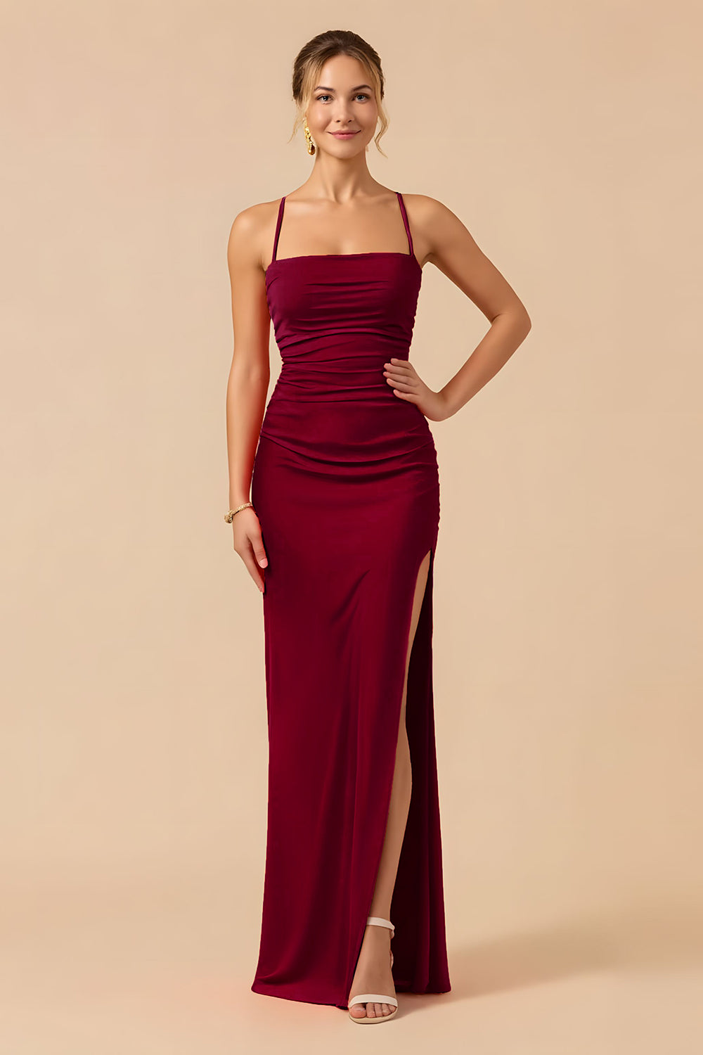 Burgundy Sheath Sapghetti Straps Long Bridesmaid Dress with Slit