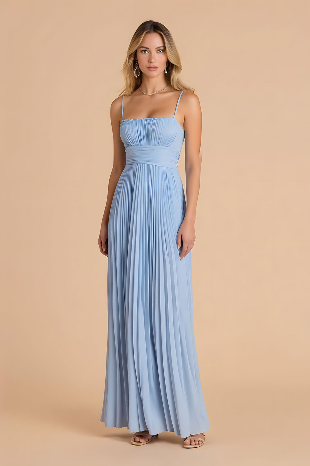 Light Blue Pleated A Line Spaghetti Straps Long Bridesmaid Dress