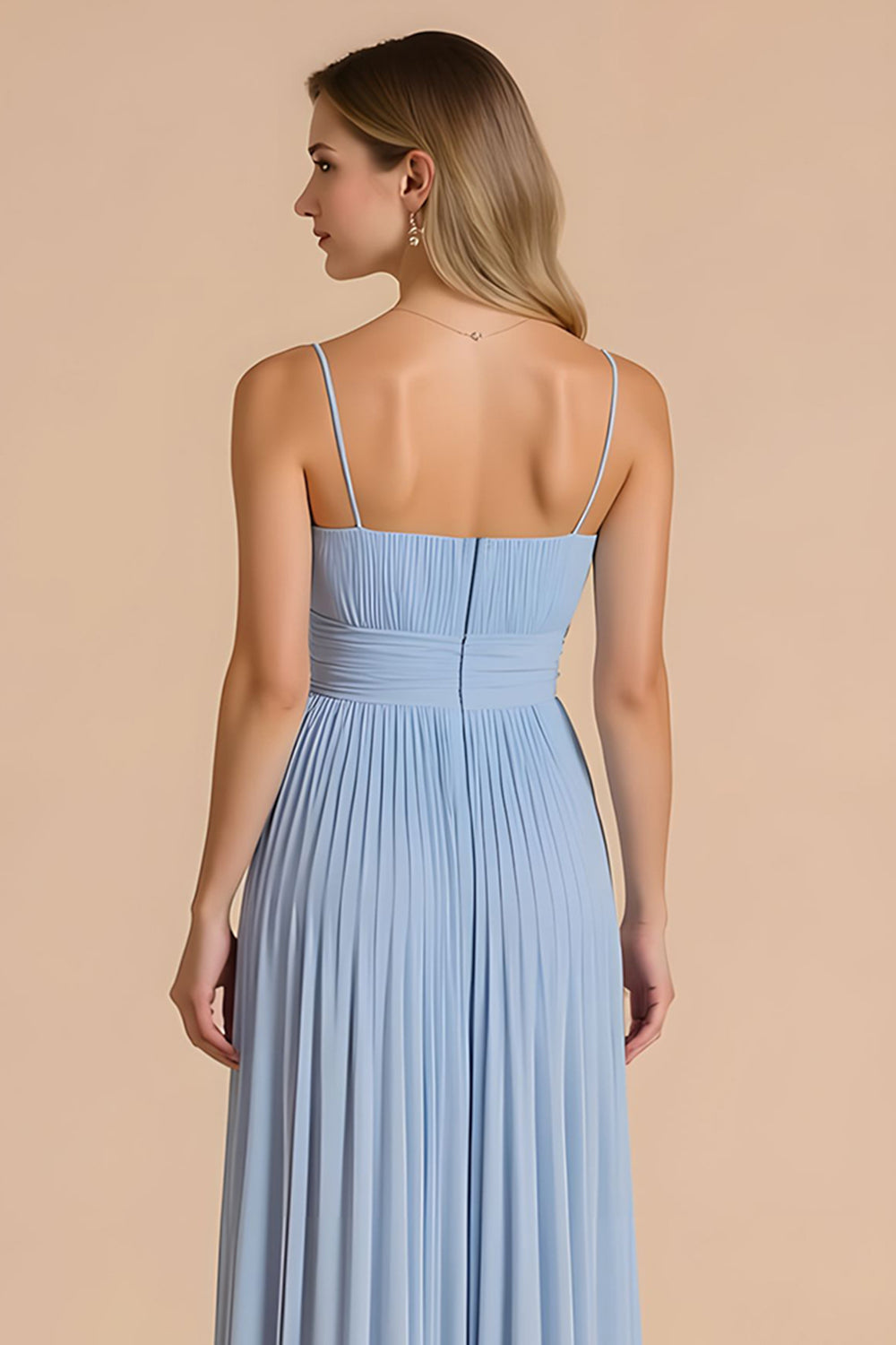 Light Blue Pleated A Line Spaghetti Straps Long Bridesmaid Dress