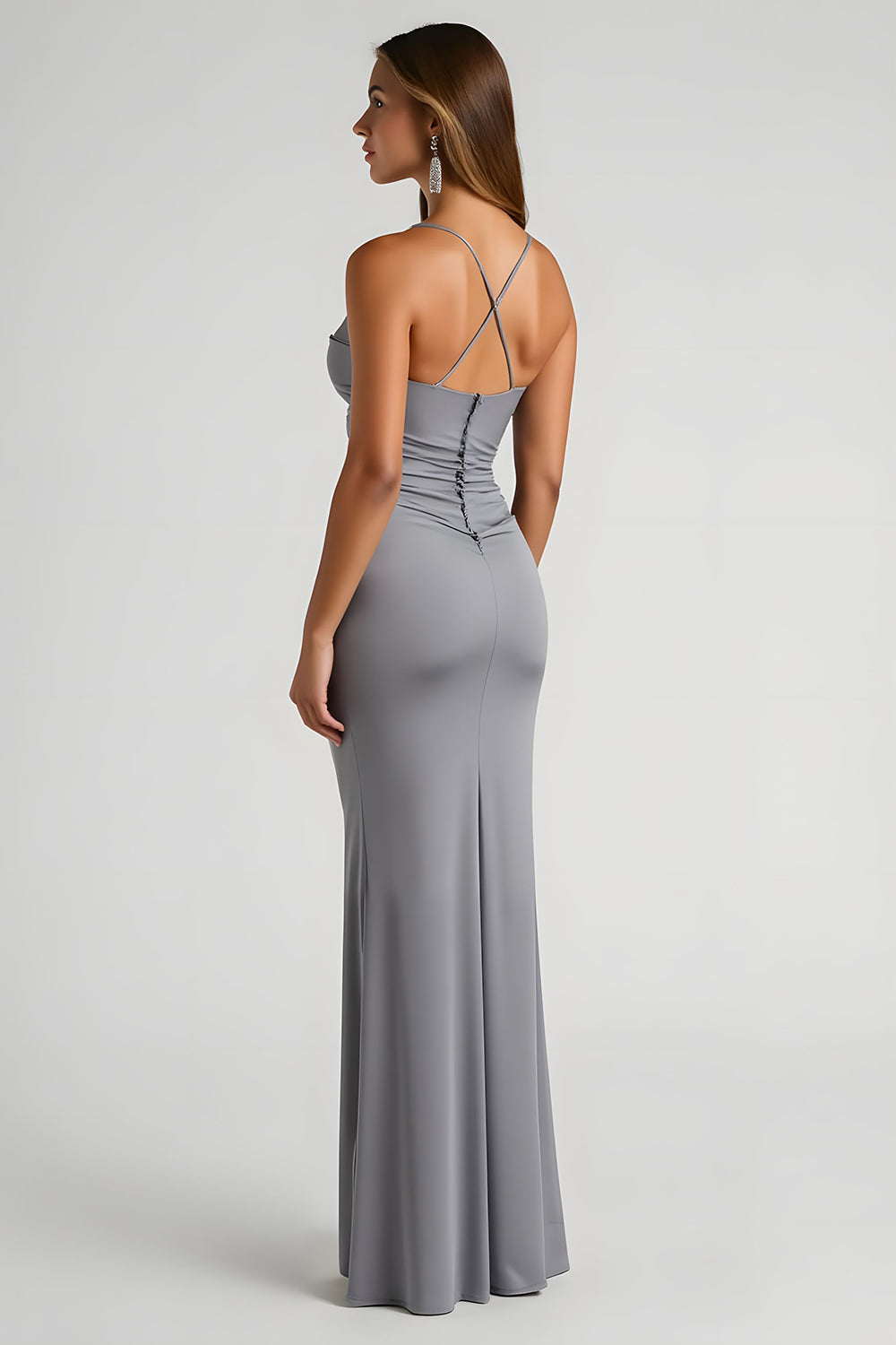 Steel Grey Mermaid Ruched Spaghetti Straps Long Bridesmaid Dress