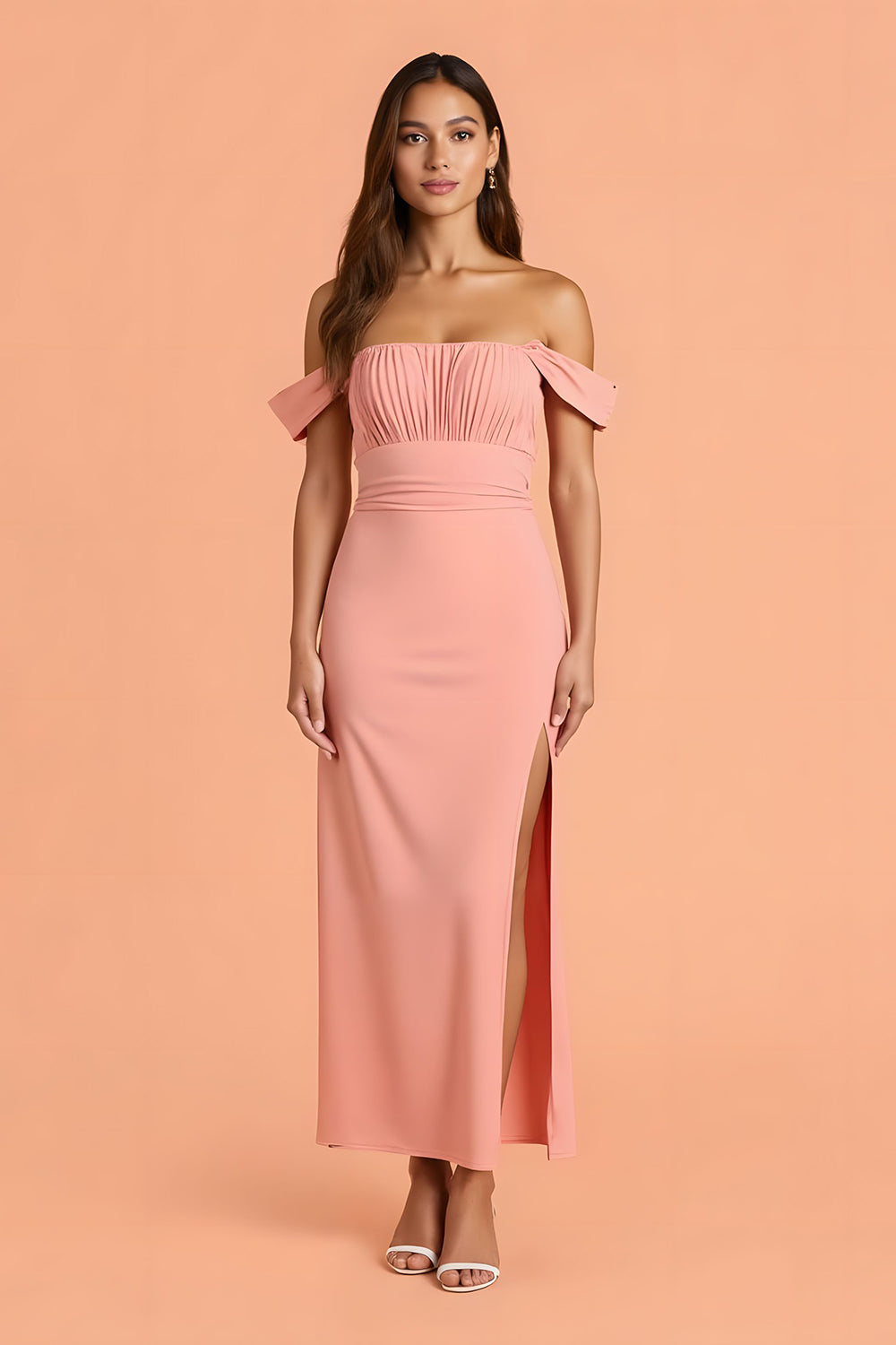 Blush Sheath Off the Shoulder Long Bridesmaid Dress with Slit