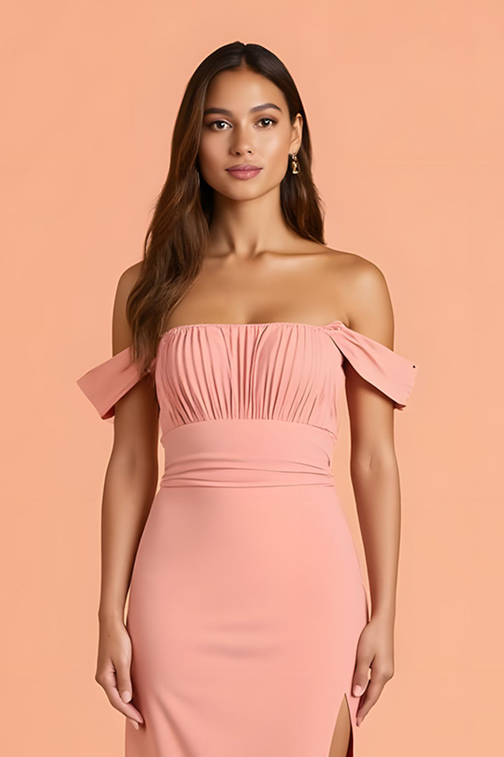 Blush Sheath Off the Shoulder Long Bridesmaid Dress with Slit
