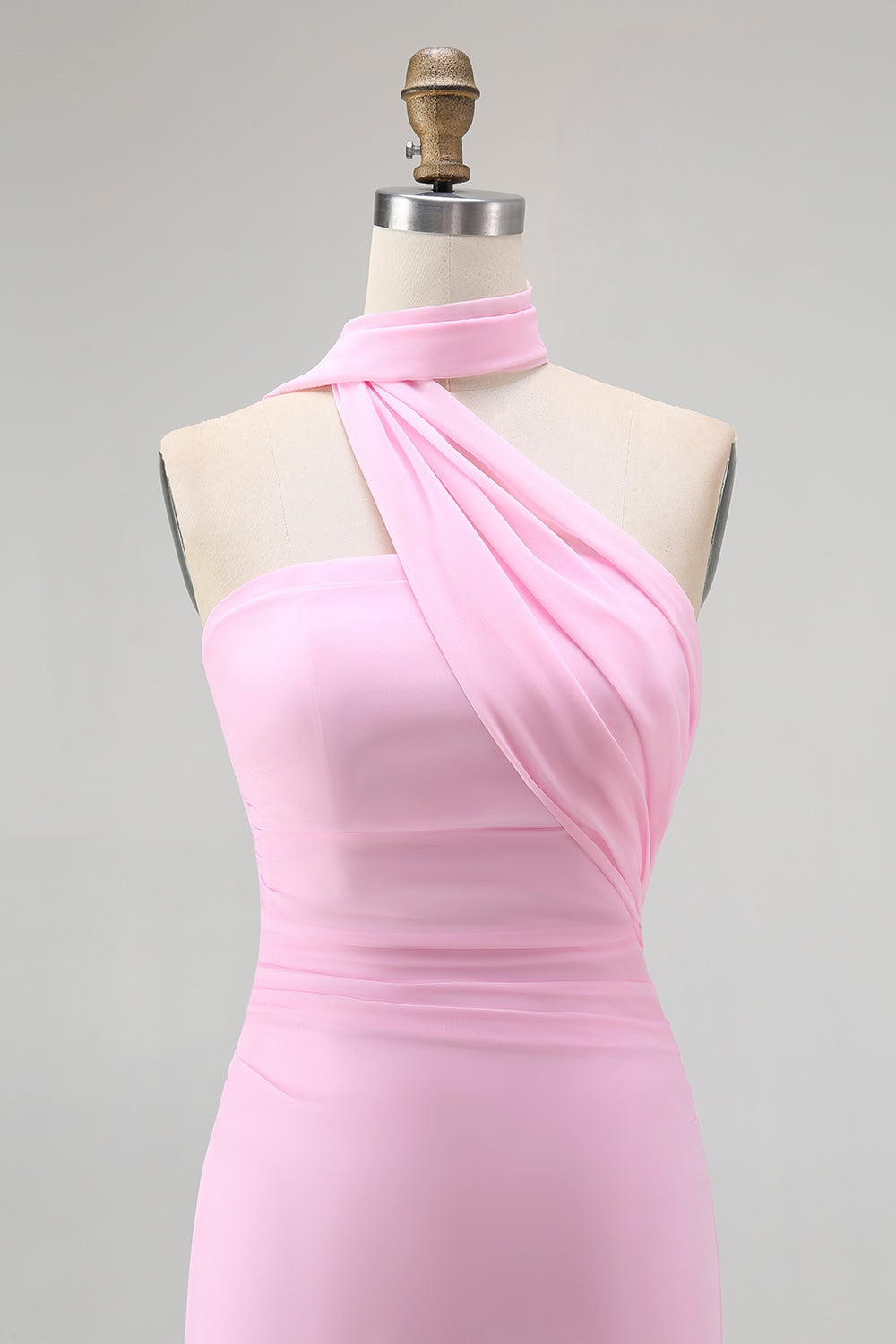 Sheath One Shoulder Blush Long Bridesmaid Dress with Streamer