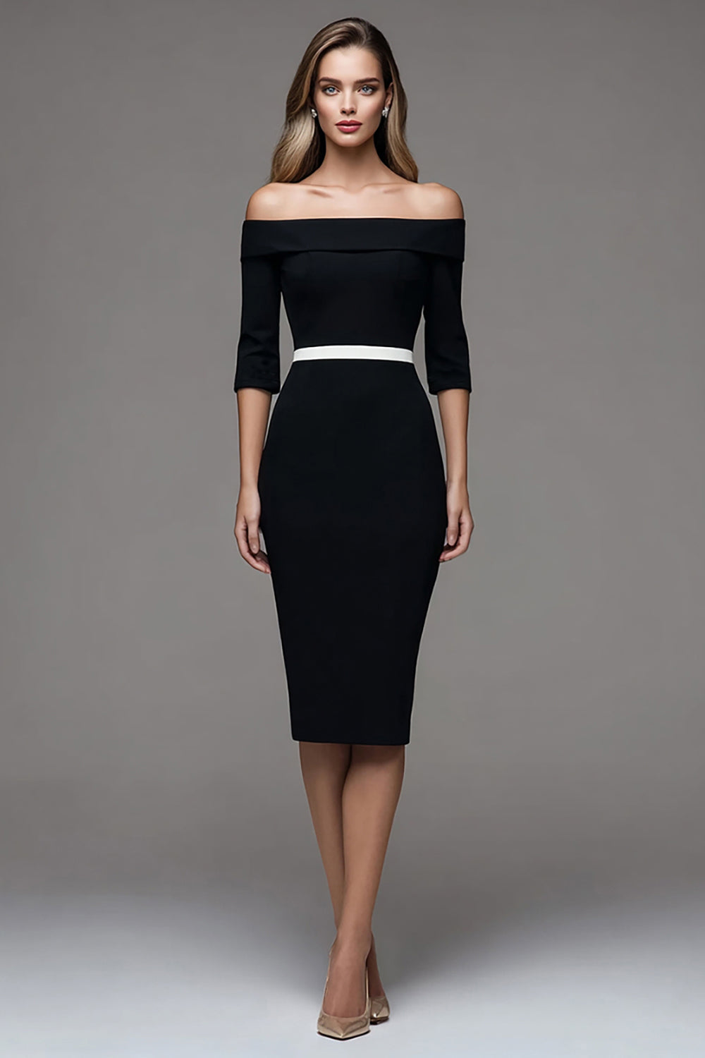 Black Sheath Midi Off The Shoulder Work Dress with Sleeves