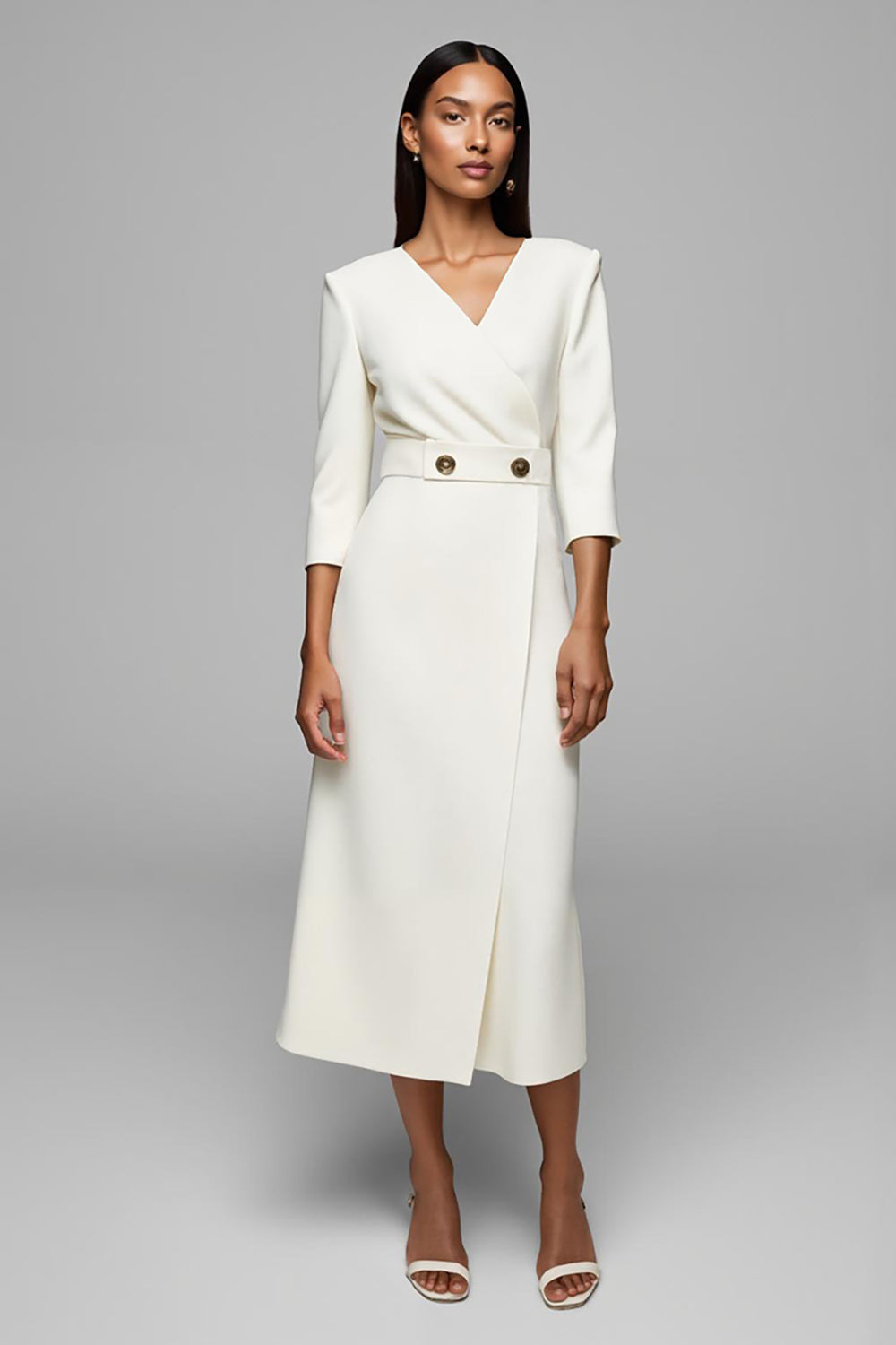Ivory Sheath V-Neck Maxi Work Dress with Buttons