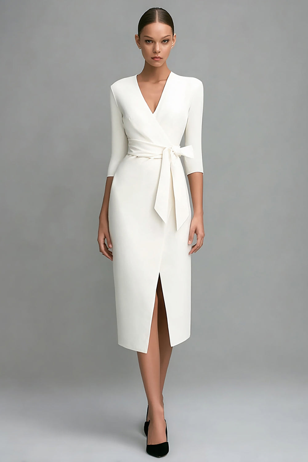 Ivory Sheath V-Neck Midi Work Dress with Sash