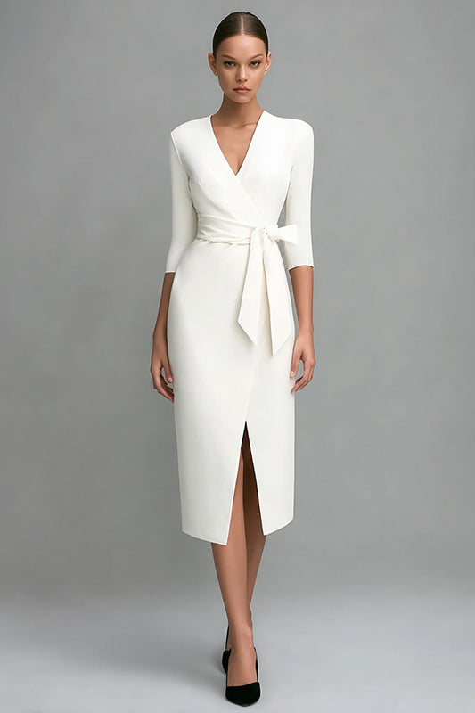 Ivory Sheath V-Neck Midi Work Dress with Sash