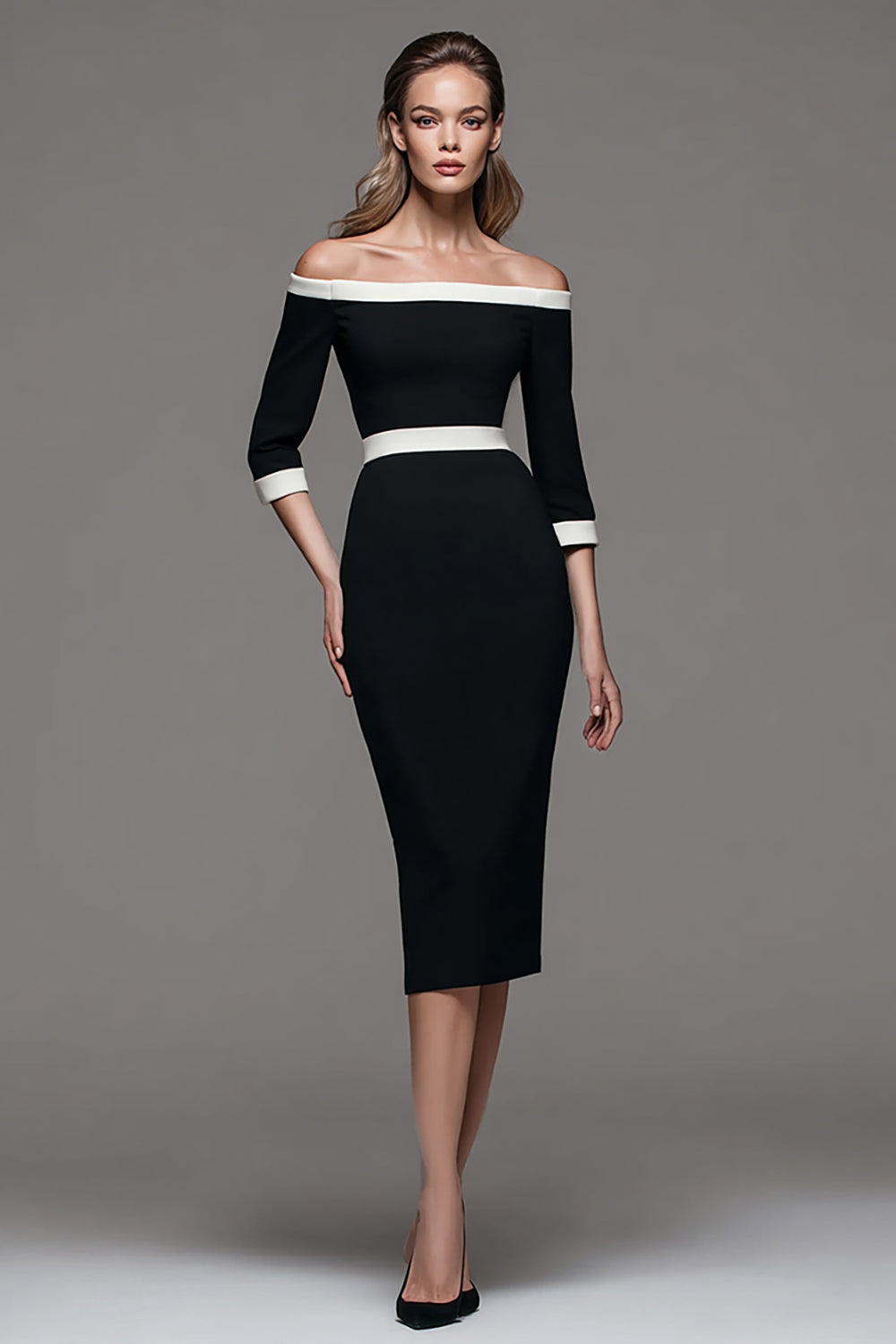 Black and White Sheath Off The Shoulder Midi Work Dress