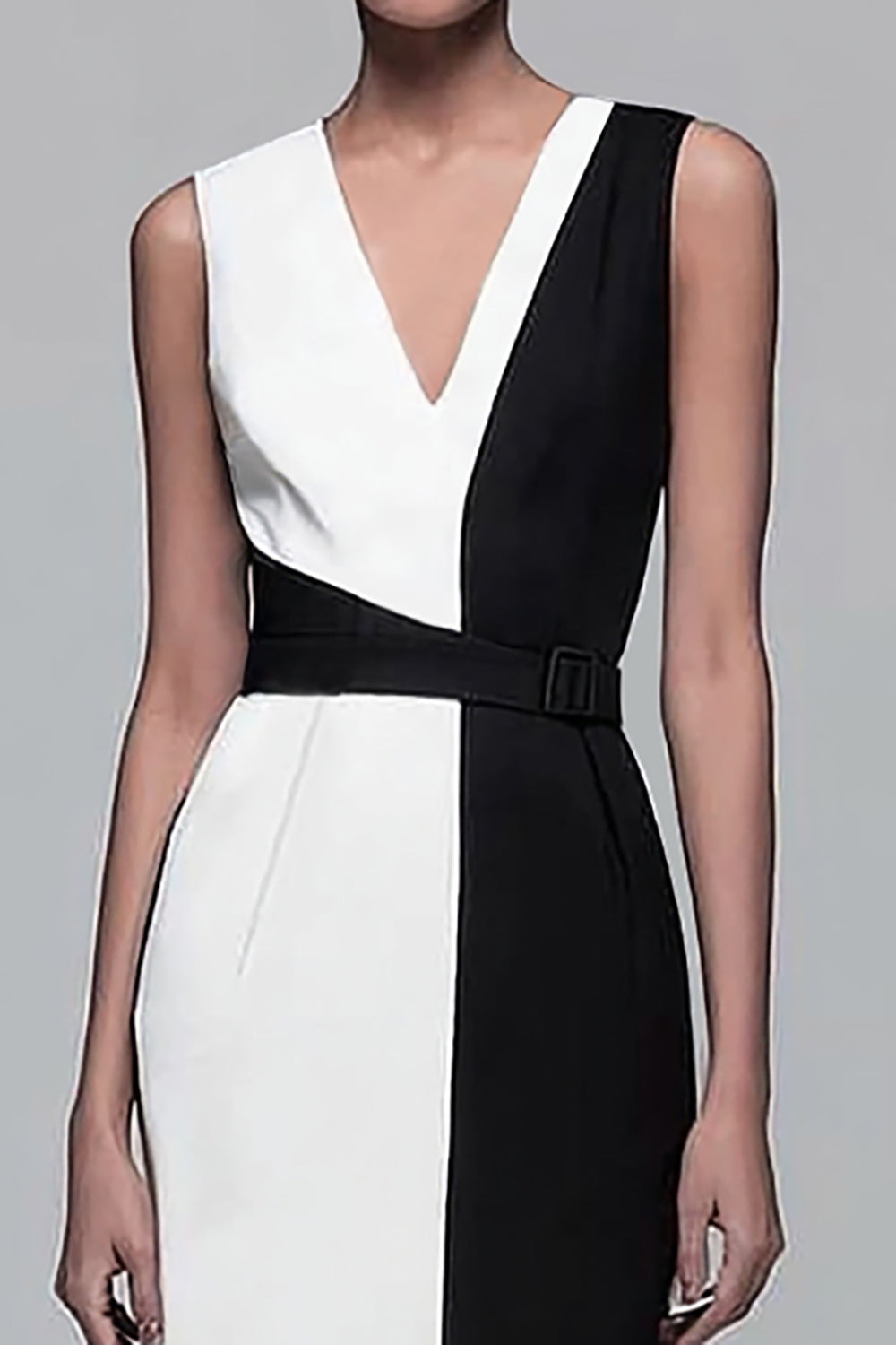 Black and White Patchwork Sheath V-Neck Long Work Dress