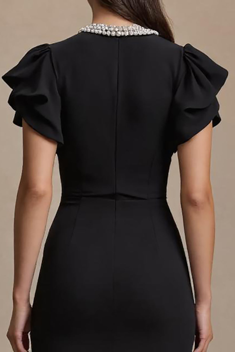 Black Midi Sheath V-Neck Work Dress with Ruffles