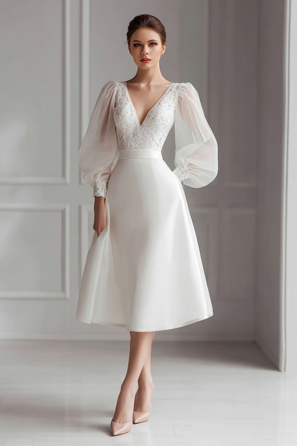 Ivory Long Sleeve A Line Engagement Dress