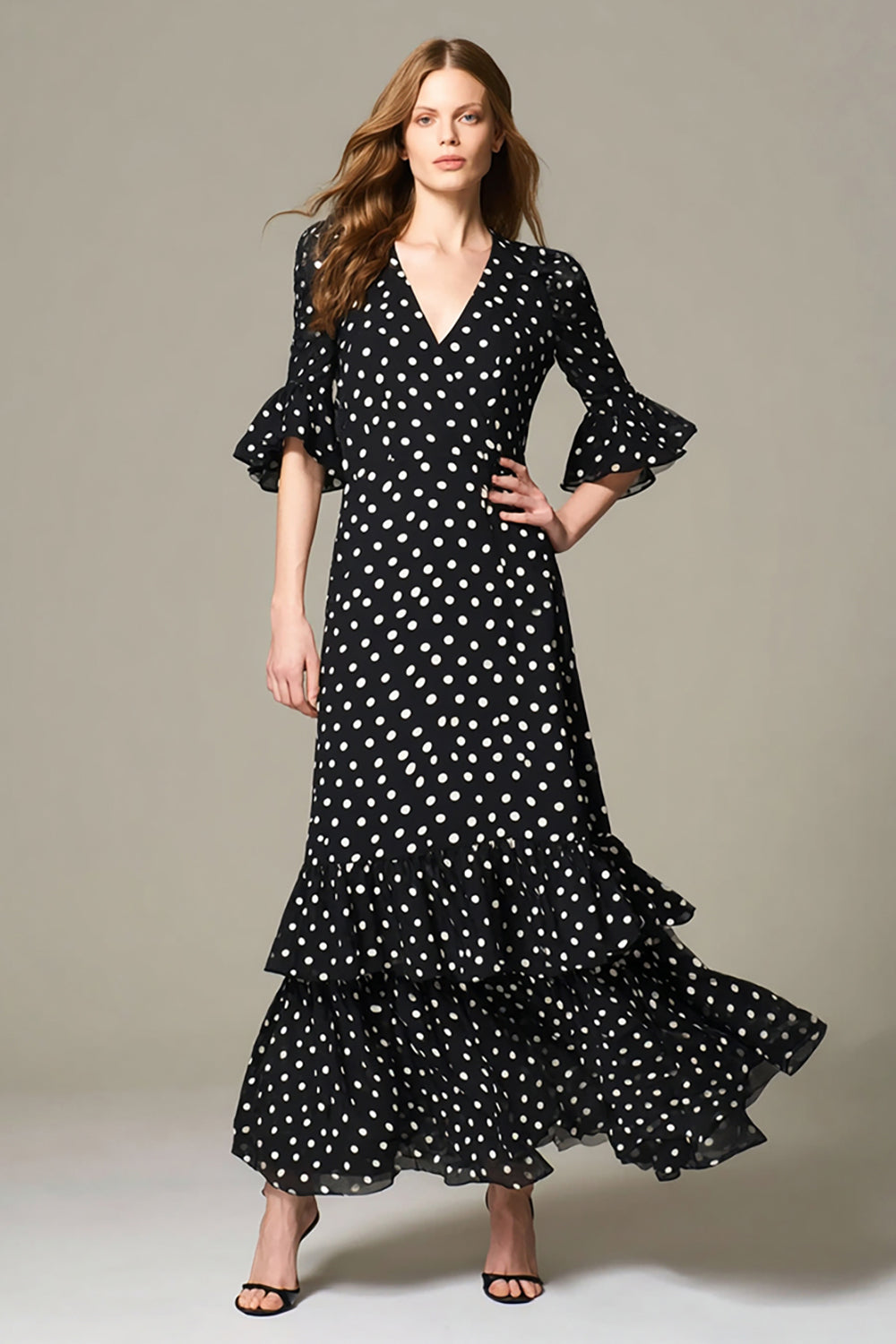 Black White Dot Ruffled A Line Long Formal Dress with Sleeves