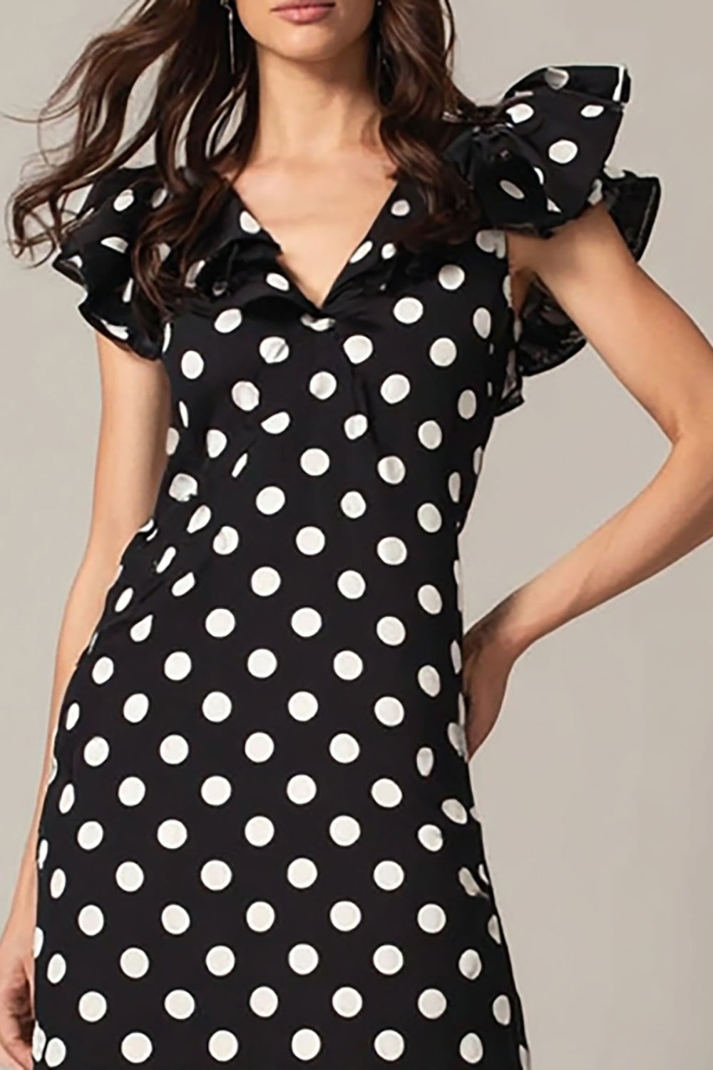 Black White Dot A Line V-Neck Long Formal Dress with Ruffles